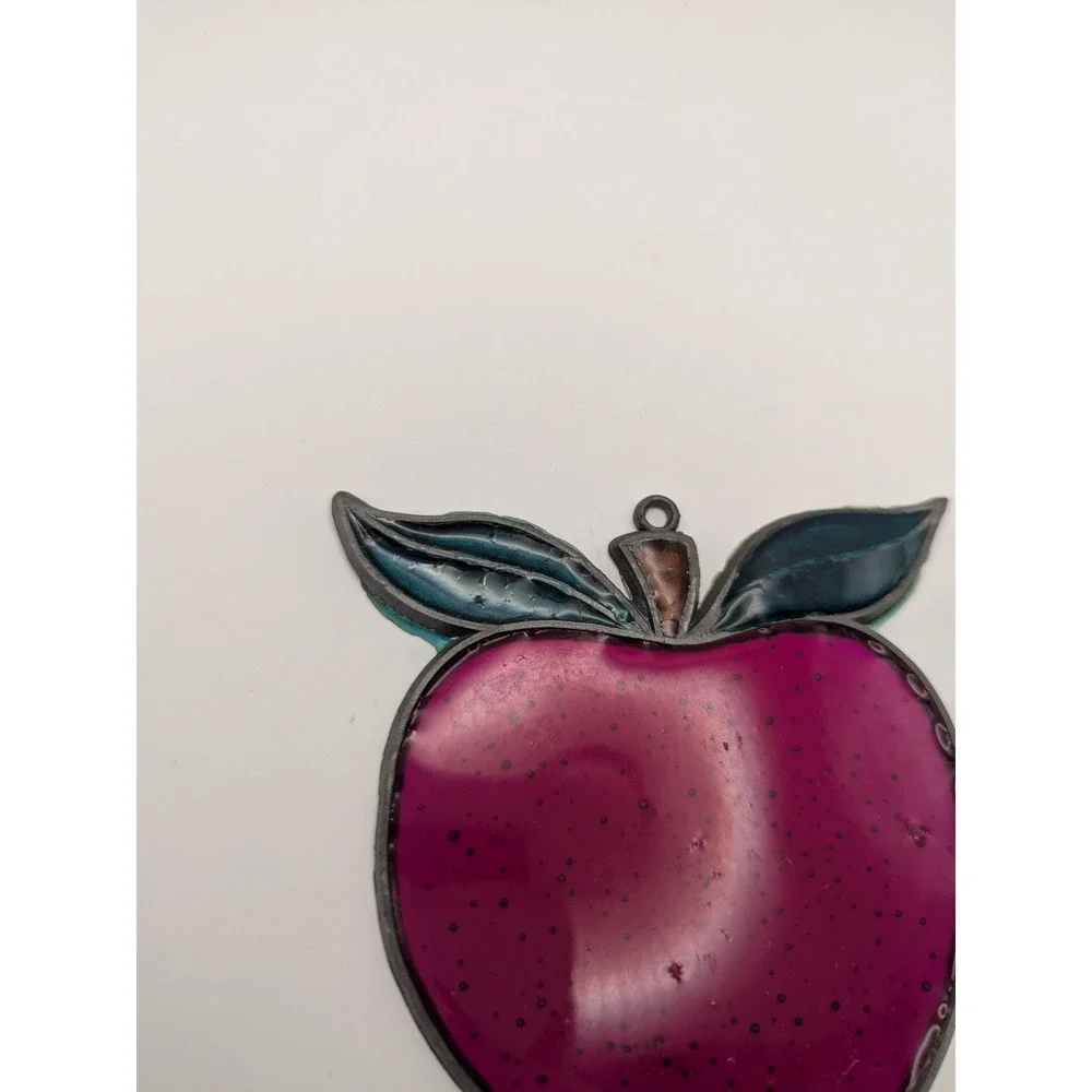 Vintage Stained Apple Sun Catcher‎ Window Ornament Pink Teal Leaves 3.5x3.5